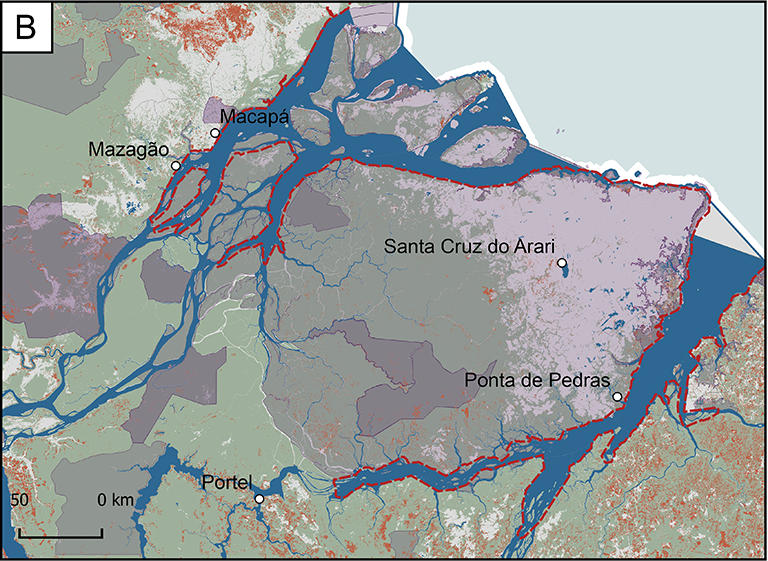 Map of Focus Research Area B, which is bordered by the east coast. Three large branches of the river cut through it. This area includes the cities of Mazagao, Macapa, Santa Cruz do Arari, Ponta de Pedras, and Portel.