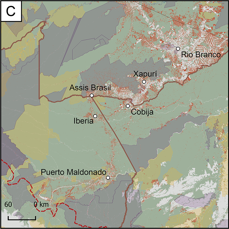 Map of Focus Research Area C, which is in the southwest section of the region. It contains large sections of indigenous land and conservation units. This area includes the cities of Rio Brance, Xapuri, Cobija, Assis Brasil, and Iberia.