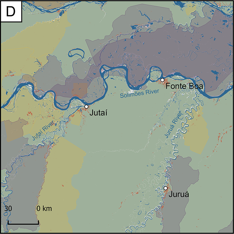 Map of Focus Research Area D, which is near the center of the region. The Jutai and Solimoes Rivers run through this area. This area includes the cities of Jutai and Fonte Boa.