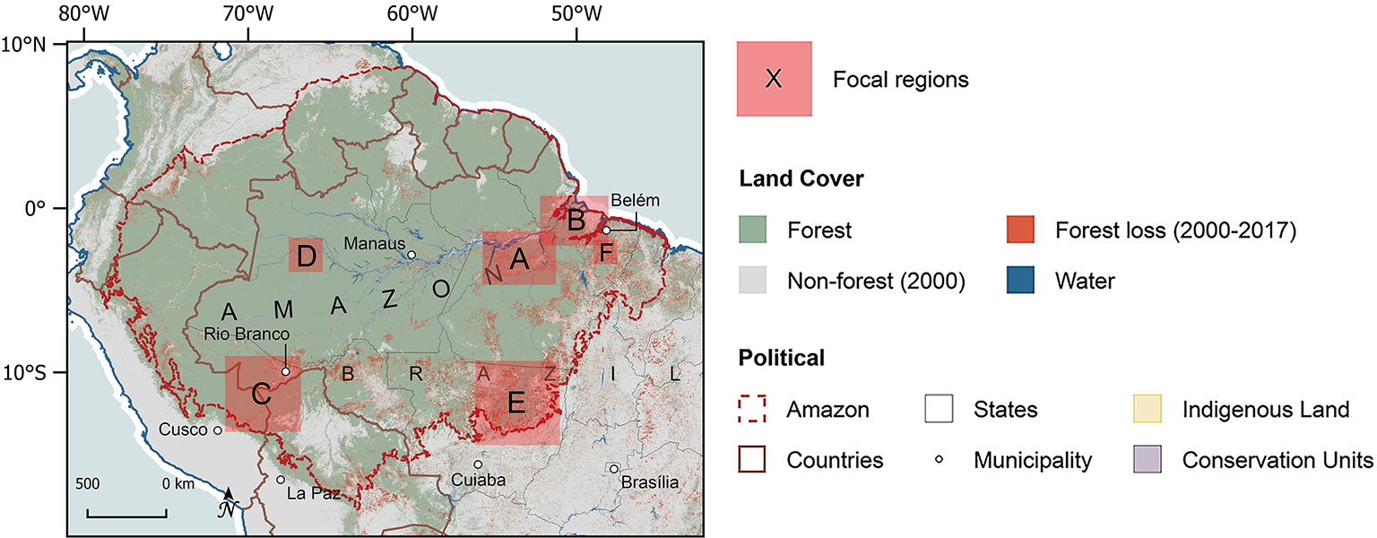 Map of the northern half of South America, pinpointing the six focus research areas of the AGENTS project.